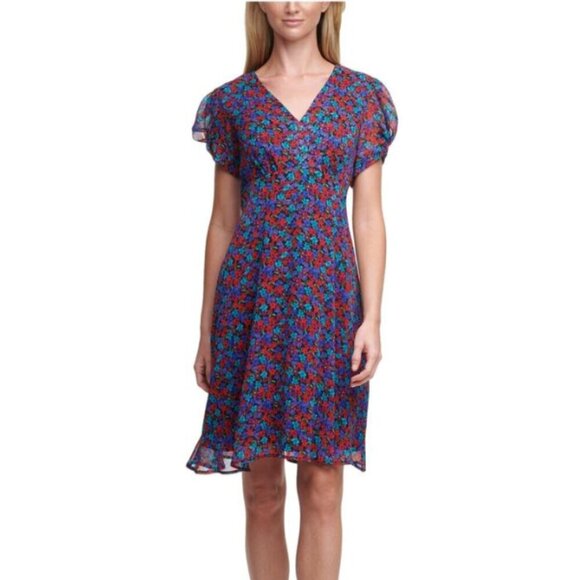 Calvin Klein Dress V-Neck Purple Red Chiffon Floral Cottage Flowy Romantic - Picture 1 of 9